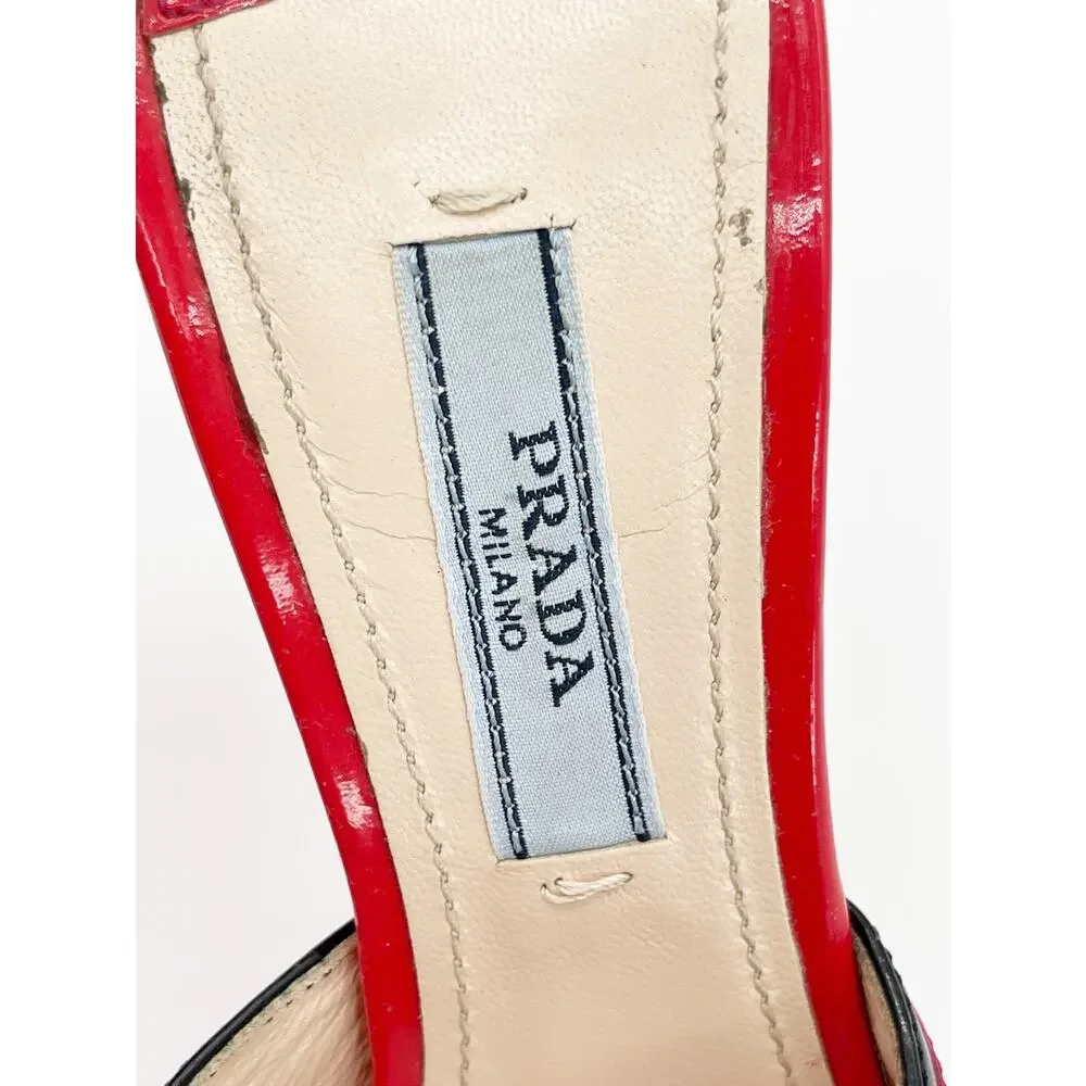 Prada S/S 2012 Runway Red Patent Hot Rod Rocket Tail Light Mule Sandals IT 36.5